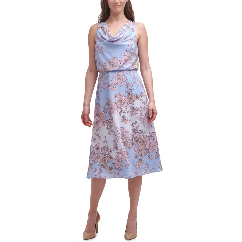 NWT Vince Camuto Purple Floral Sleeveless Cowl Neck Midi Party Fit + Flare Dress